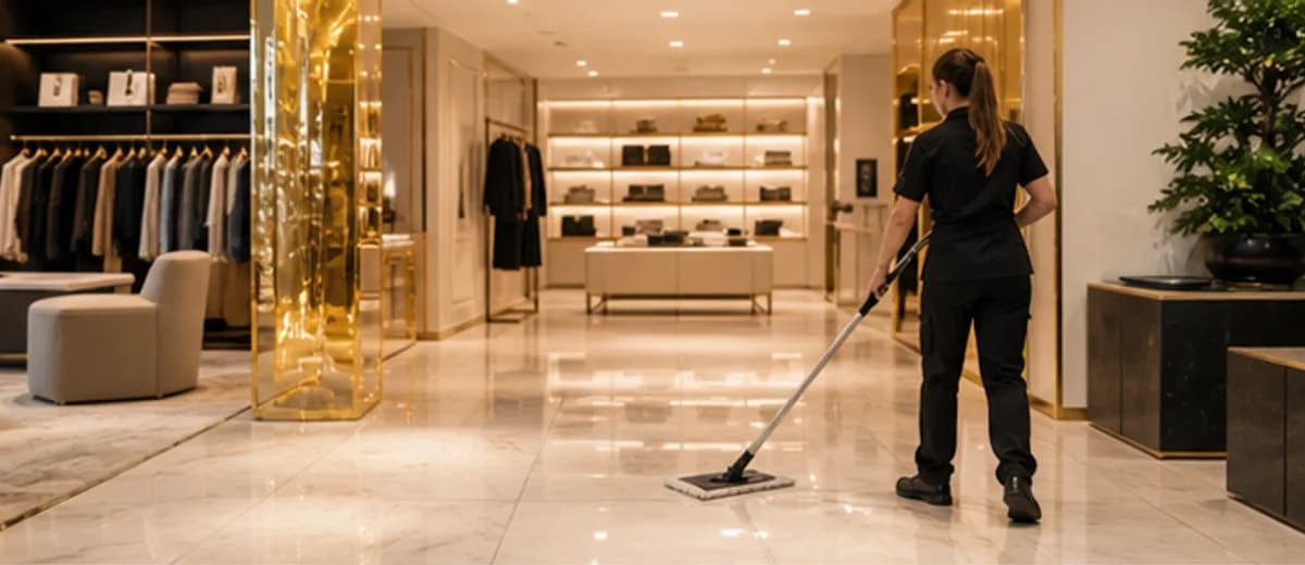 Schoonmaak in een elegante commerciele ruimte met warme verlichting