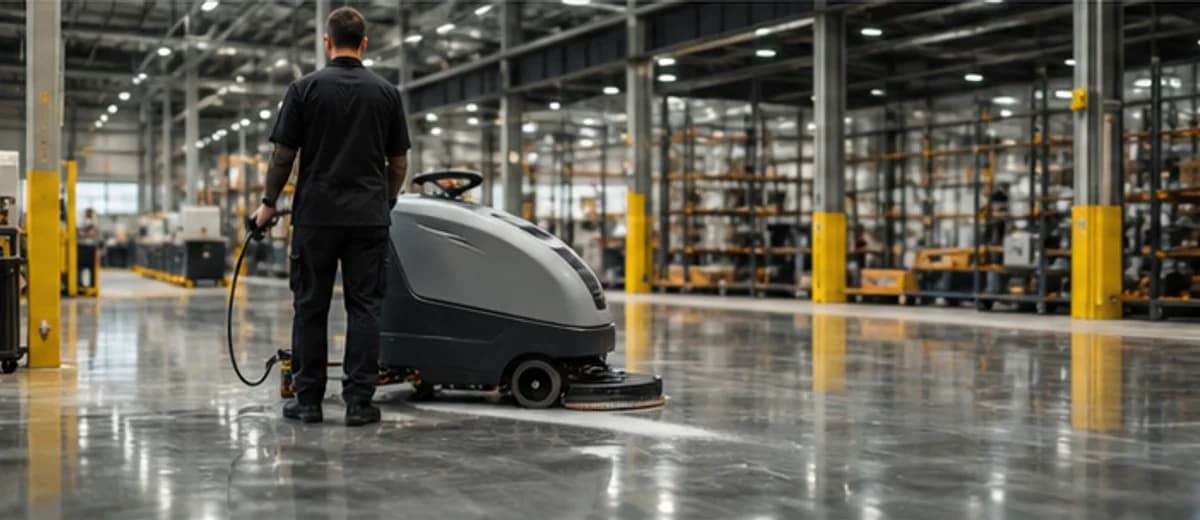 Reiniging van een industriele vloer in een ruim magazijn