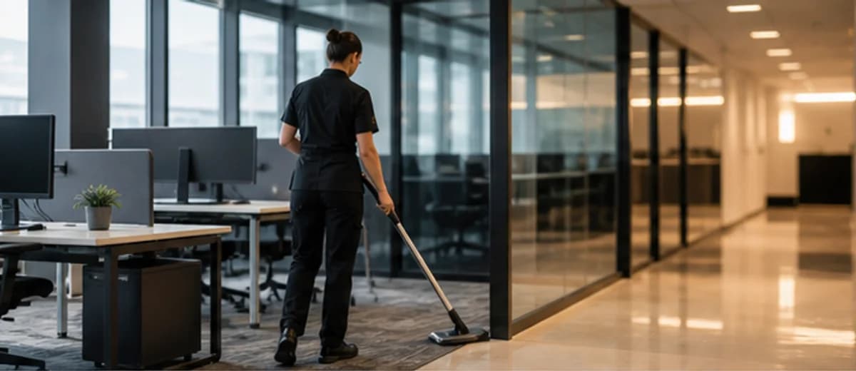 Professionele schoonmaak in een modern kantoor met glazen wanden